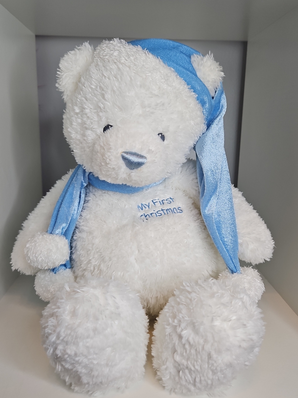 Gund Plush White Teddy Bear with Blue Hat - My First Christmas